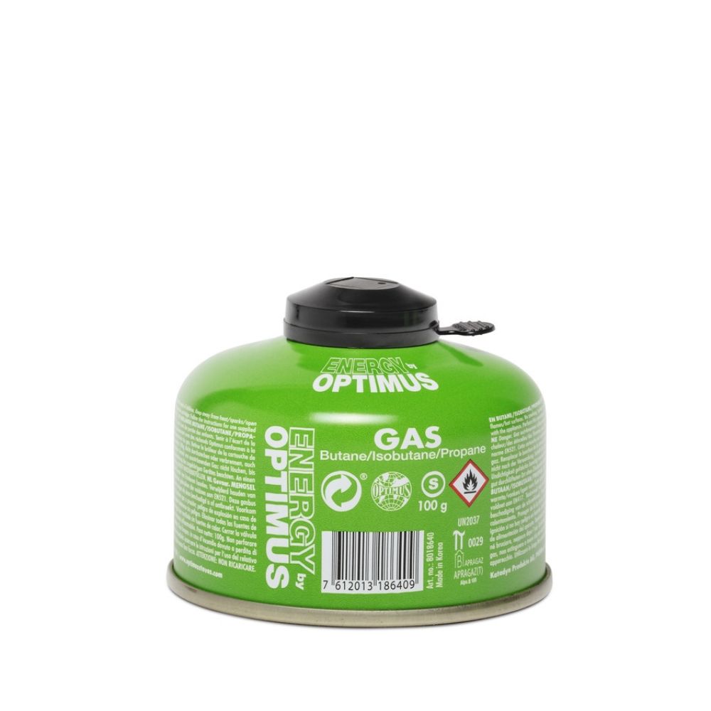Cartouche de gaz Optimus Energy 100g pour réchaud, contenant 50% de butane, 25% d'isobutane et 25% de propane, idéale pour le temps froid