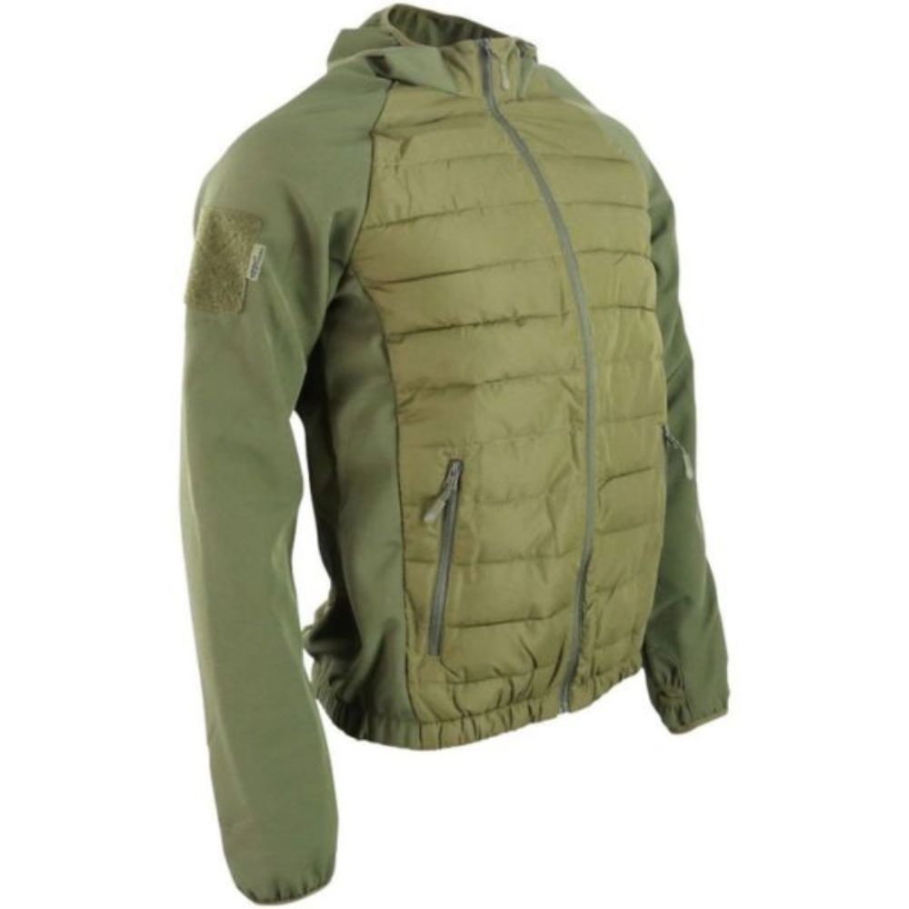 Veste tactique bi-matière Venom vert olive de Kombat Tactical avec corps côtelé, bras en softshell et capuche tempête