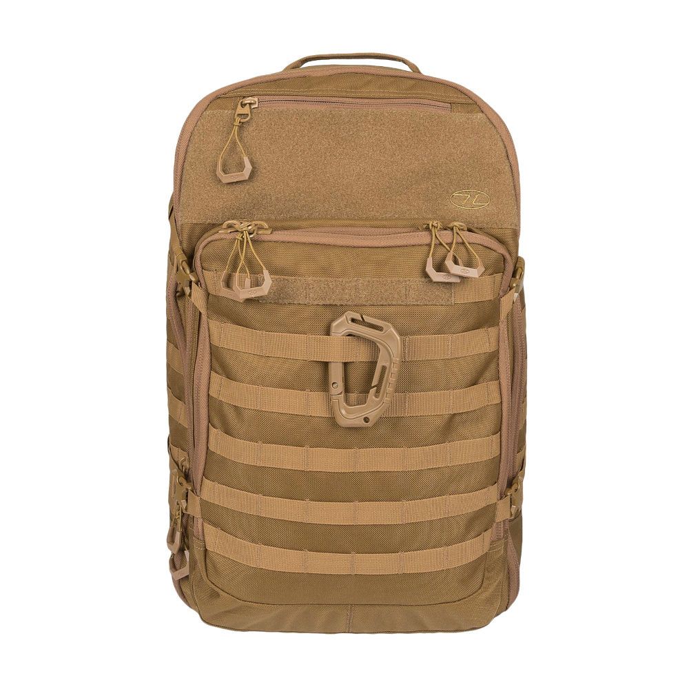 Sac à dos Harrier 45L Highlander en couleur coyote, avec plusieurs poches, dos rembourré en maille et carabine MOLLE polyvalente
