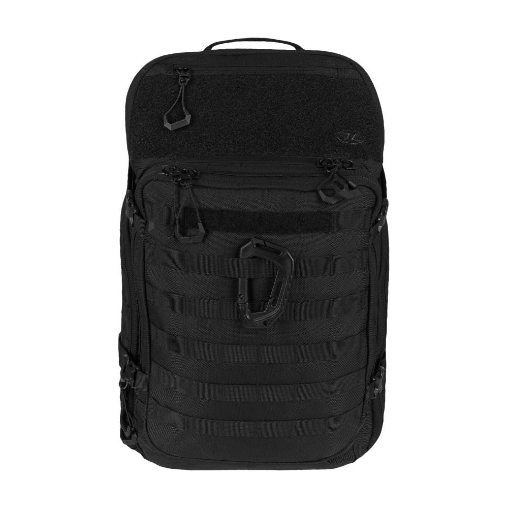 Sac à dos militaire noir Highlander Harrier 45L avec multiples poches et système dorsal rembourré en maille pour un confort de mouvement optimal
