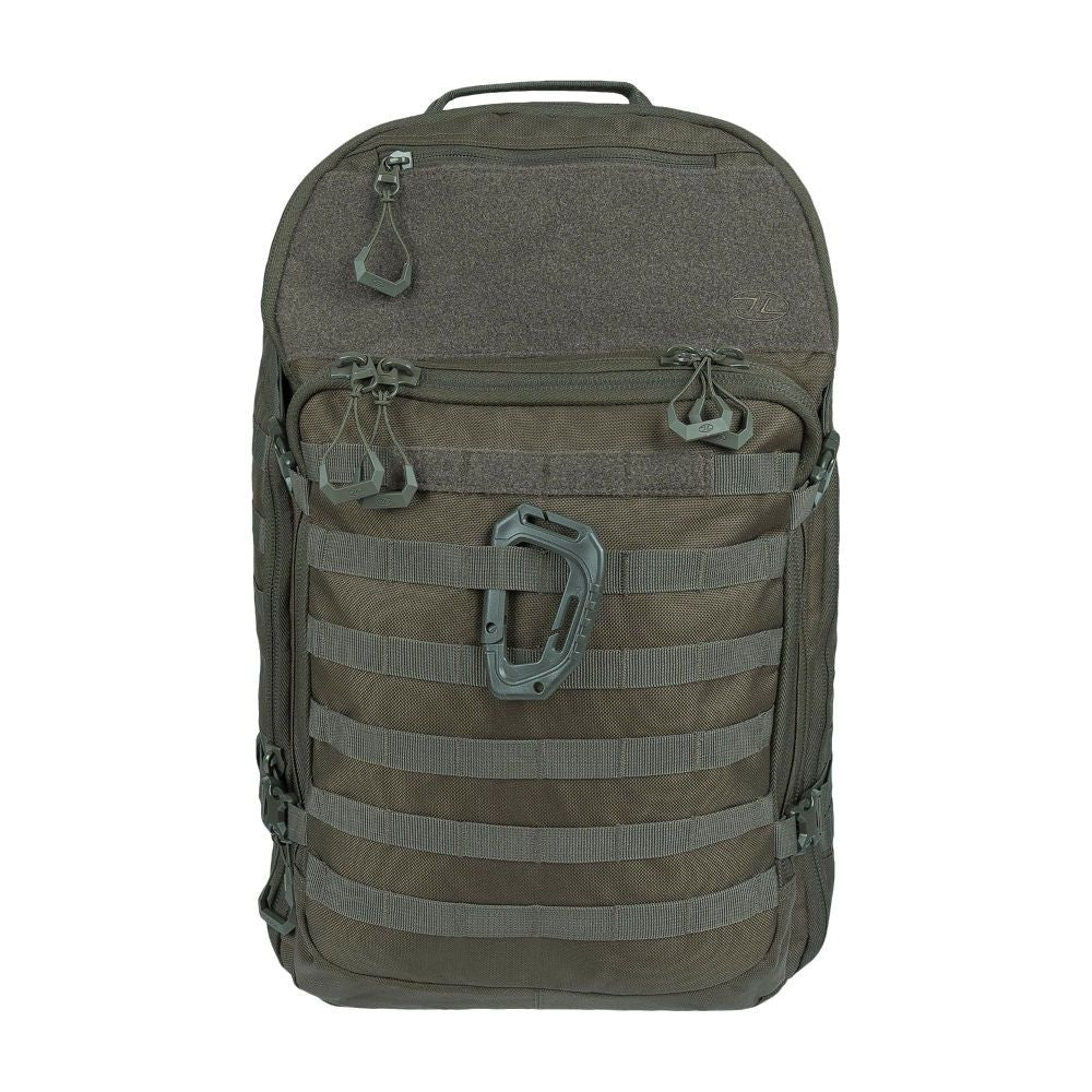 Sac à dos militaire Harrier 35L vert olive de Highlander avec système dorsal rembourré, séparateur de compartiment réglable, sangles de compression et mousqueton MOLLE.