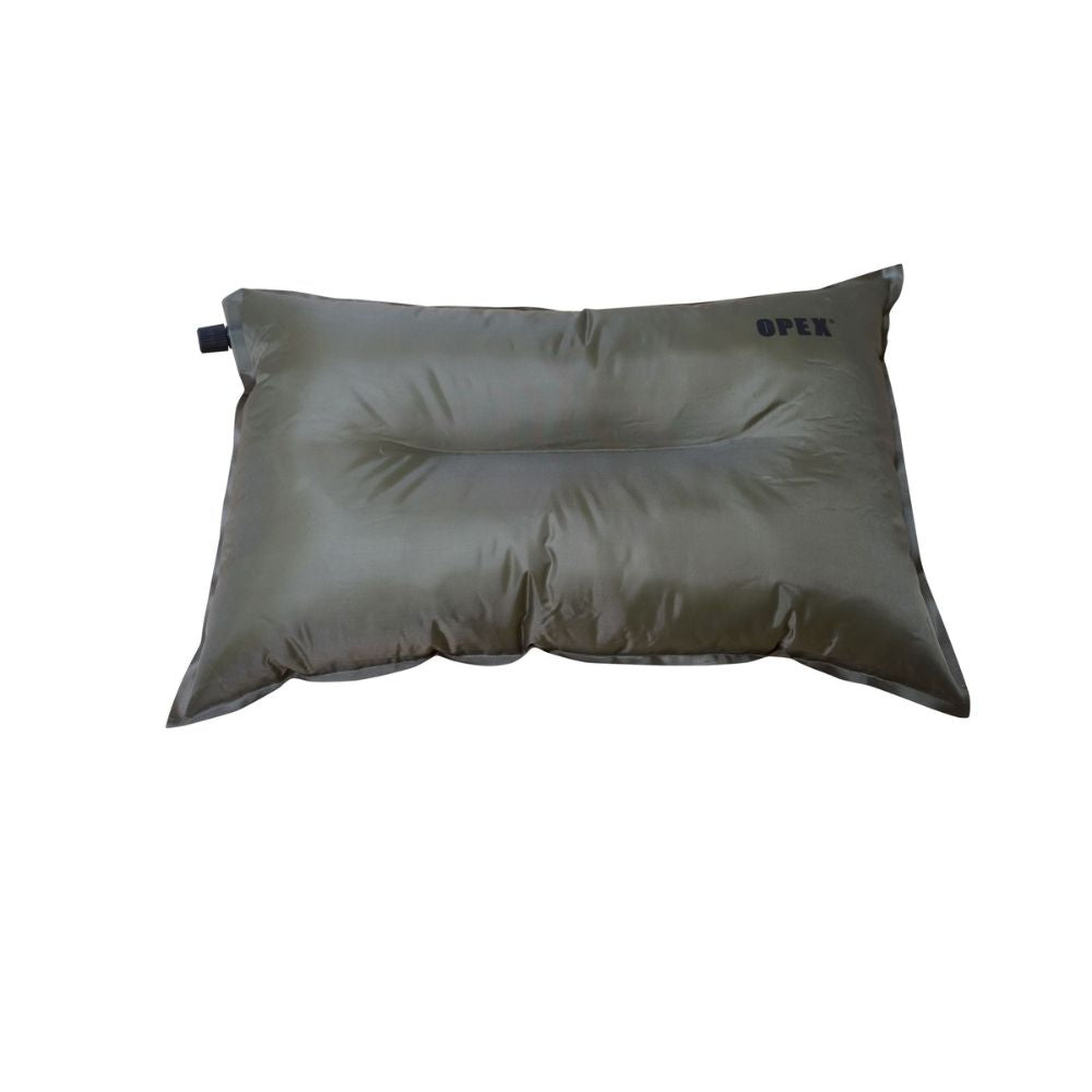Oreiller auto-gonflable vert olive OPEX en 210 T Polyester Ripstop, dimensions 42x28x12 cm, avec valve plastique