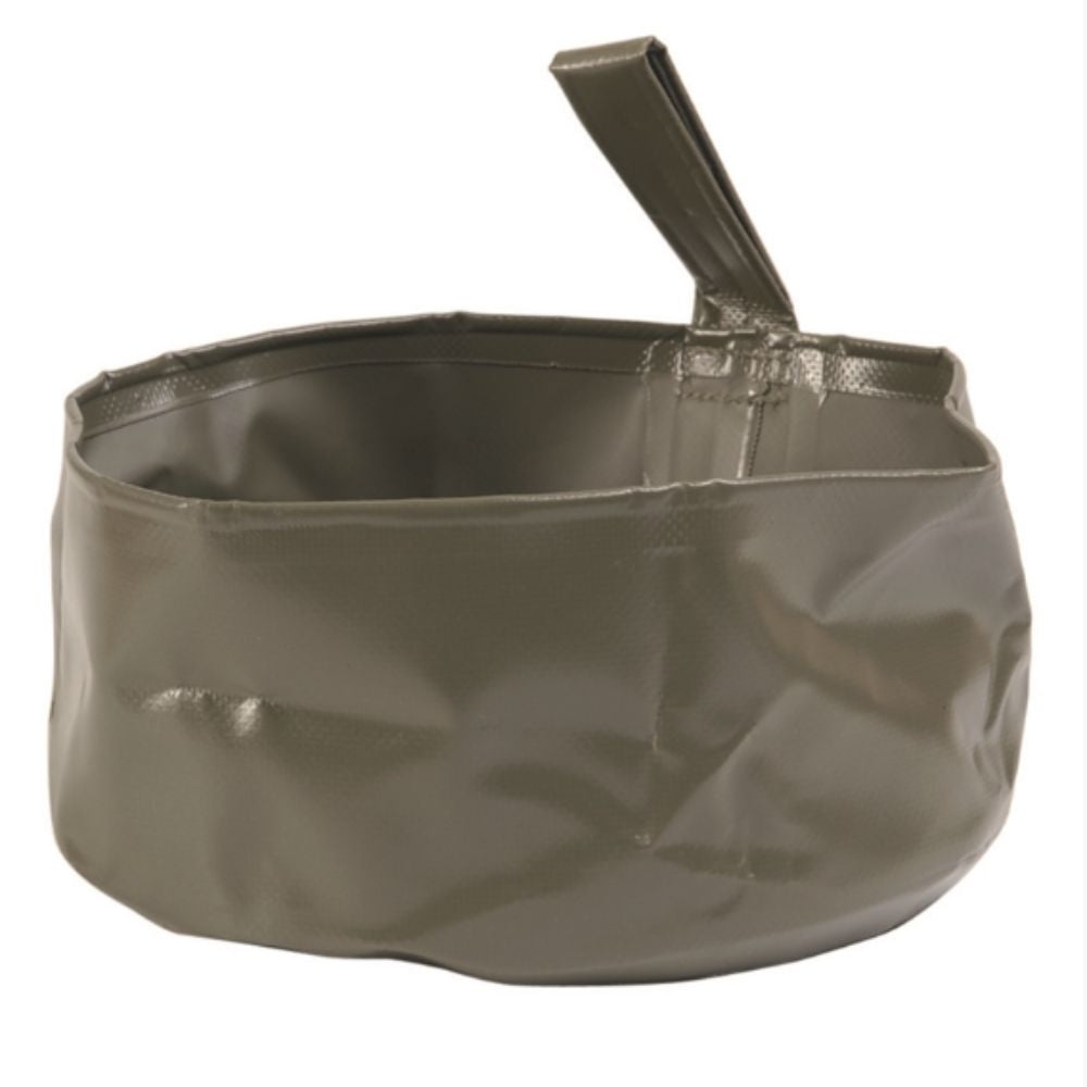 Balise alt : Bassine de douche pliable 5L verte olive Miltec, cuvette portable en chlorure de polyvinyle, diamètre 21cm, poids 90g, utilisable comme lavabo ou pour laver