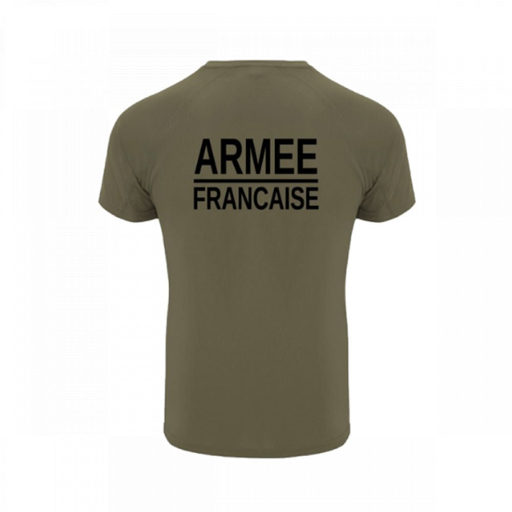 Deux T-shirts de l'armée française en tissu respirant et technique avec protection UV, disponibles en vert et désert pour 25€