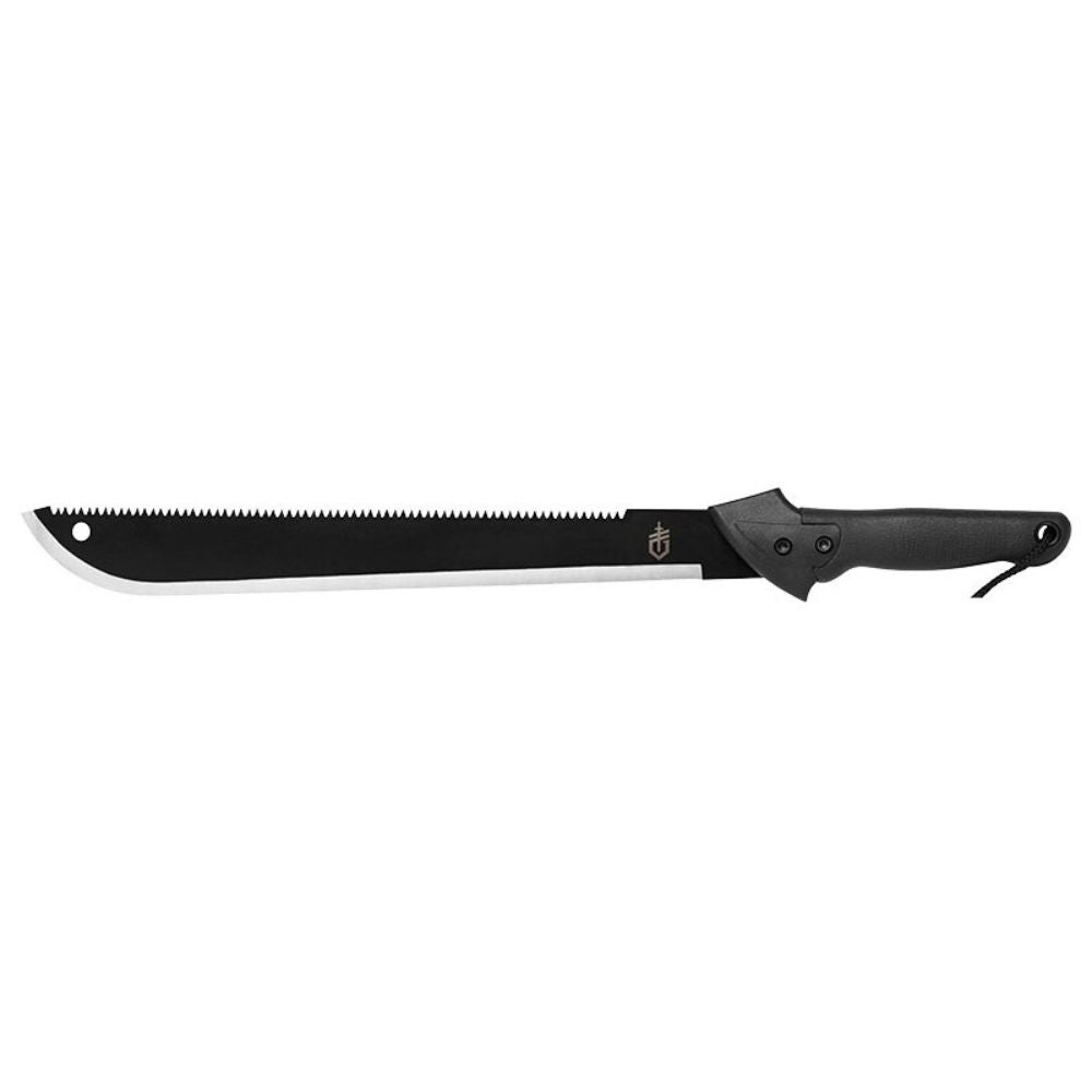 Grande machette noire Gerber Gator polyvalente avec scie et tranchant lisse en acier inoxydable, poignée en fibres de verre et polymère texturé, idéale