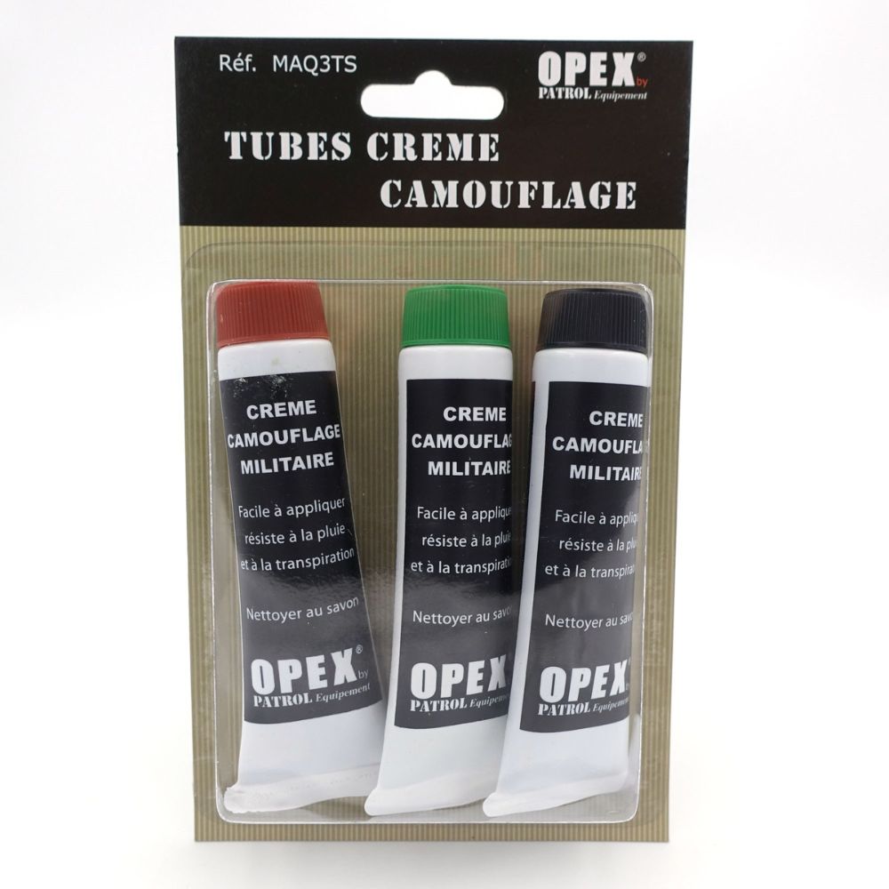 Trois tubes de crème de camouflage OPEX en noir, vert et marron