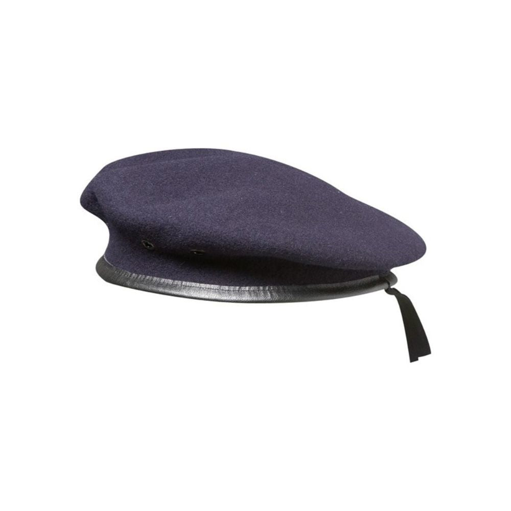 Beret bleu marine spécial commando en laine 100%, diamètre 8 pouces, avec porte insigne et pourtour en cuir, lacet viscose noir, doublure coiffe simple en acétate,