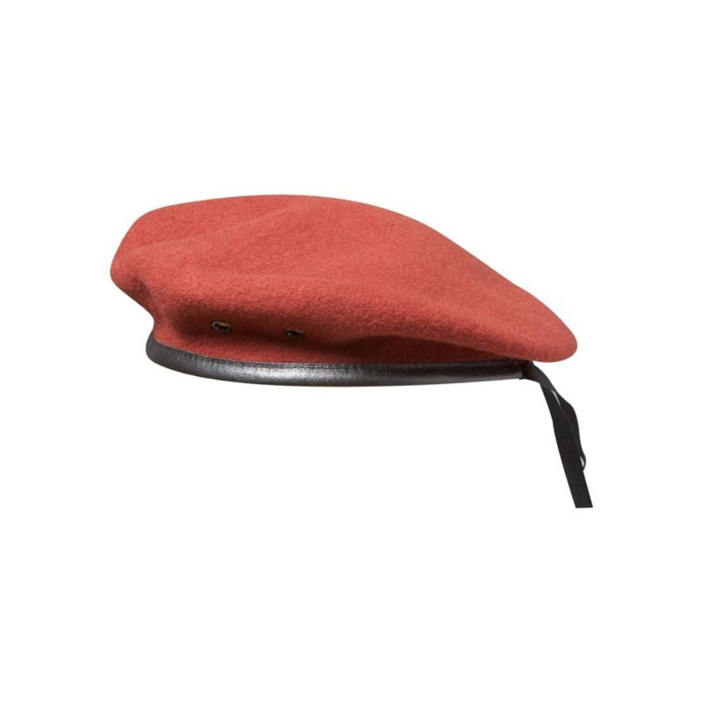 Beret rouge Para Amarante Spécial Commando en laine avec insignes, pourtour en cuir et lacet viscose noir