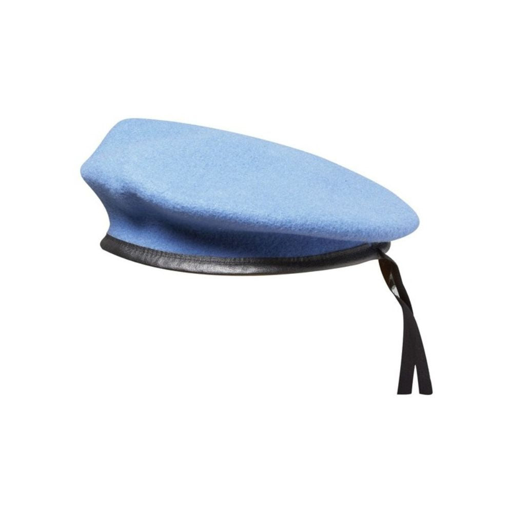 Beret bleu ONU spécial commando en laine avec porte-insigne, pourtour en cuir et lacet viscose noir, diamètre 8 pouces, doublure 100% acétate, tailles disponibles
