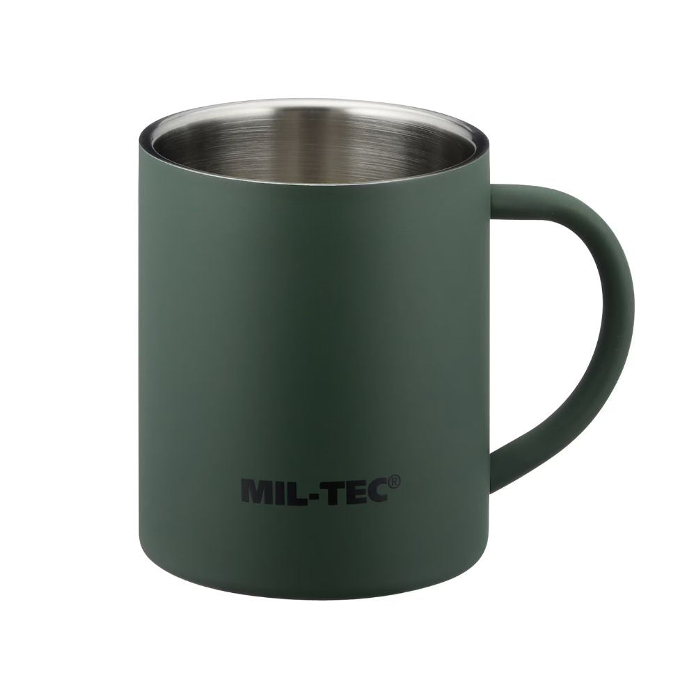 Tasse vert olive Mil-Tec 450ml en acier affiné, incassable et dépoli, de 10,3 cm de hauteur et 8,5 cm de diamètre