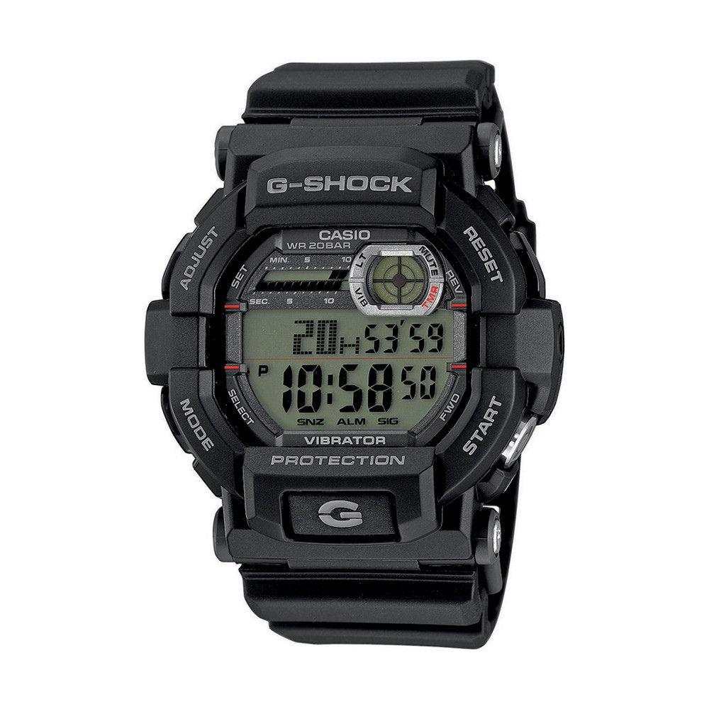 Montre G-Shock GD-350-1ER noire de Casio avec alarme vibrante, cadran en verre minéral, bracelet en résine, et plusieurs fonctions comme le chronomètre et le compte à