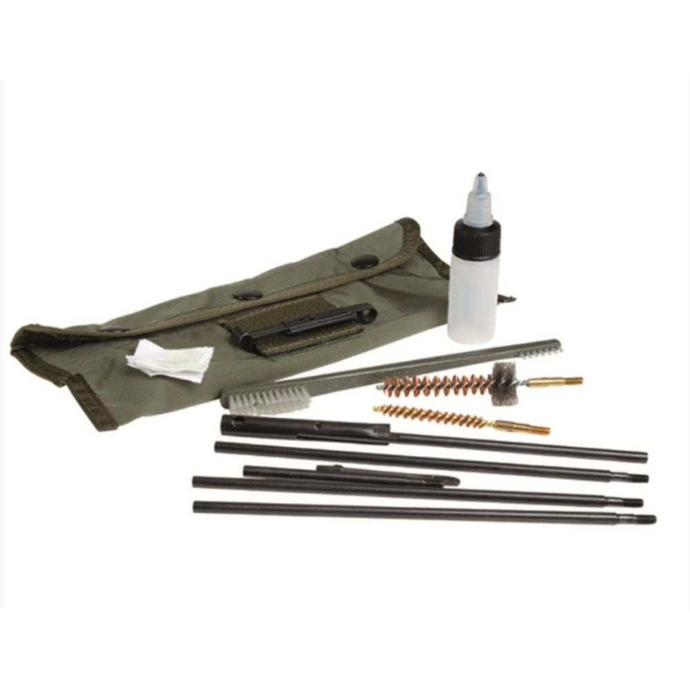 Kit de nettoyage vert Miltec pour 5.56 avec poche d'accessoires, baguettes de nettoyage, brosses de nettoyage et bouteille d'huile