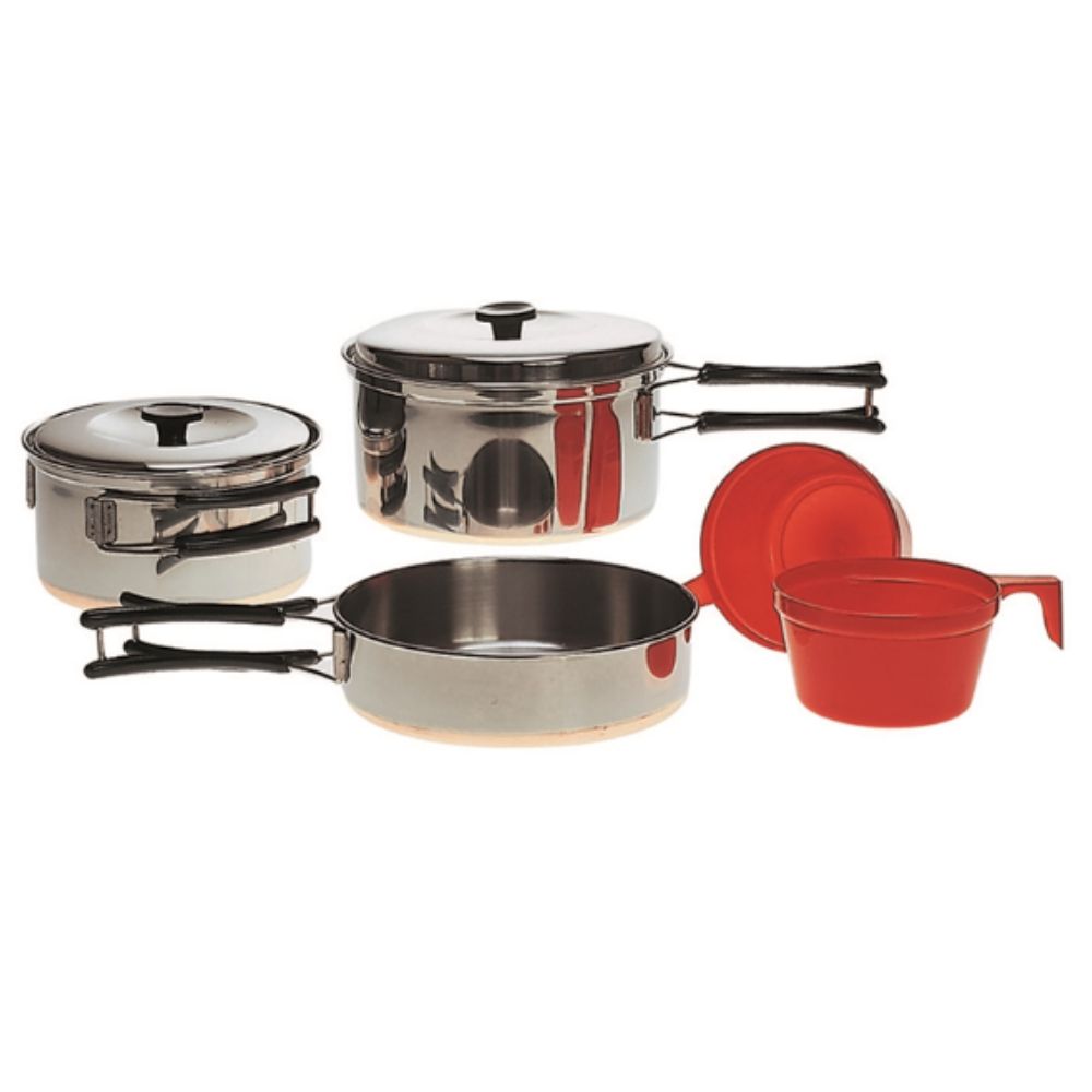 Ensemble de gamelles de cuisine en aluminium Miltec pour deux personnes, incluant une poêle, deux casseroles et deux tasses en plastique, poids total environ 670g