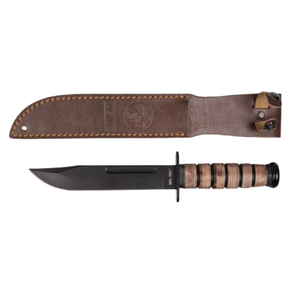 Couteau de combat USMC Miltec avec lame en acier et manche en cuir de bovin, longueur totale de 30 cm, fourni avec étui en cuir de bovin, vente interdite aux