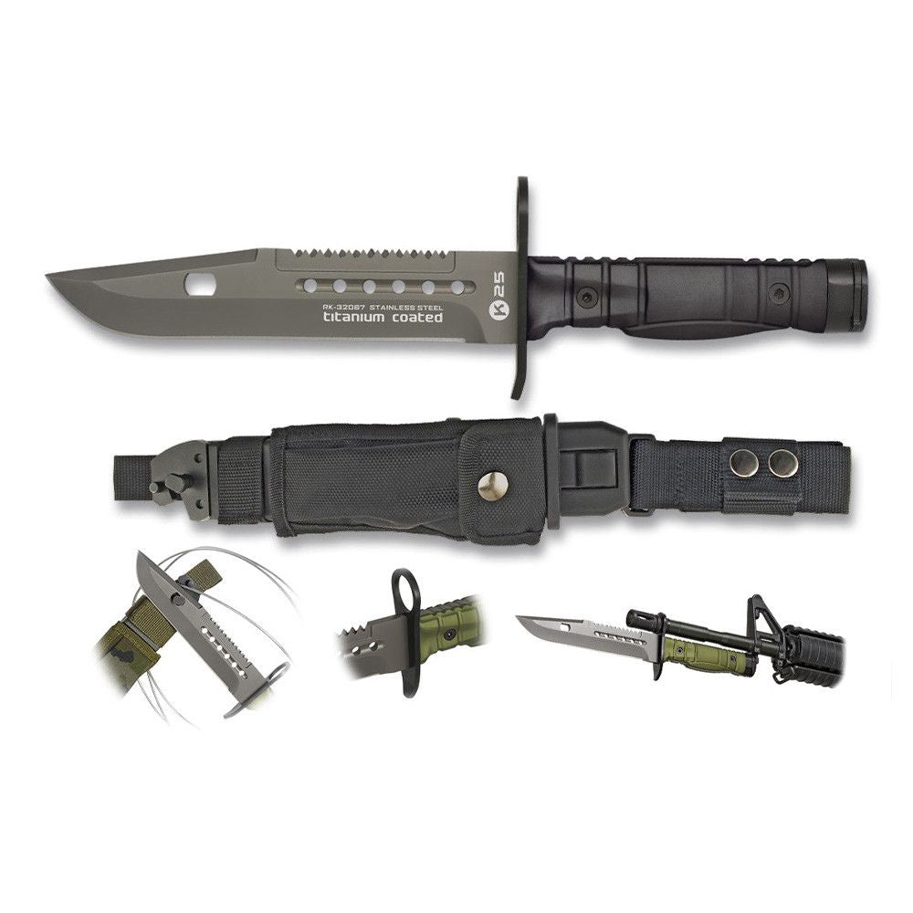 Poignard baïonnette tactique K25 avec lame fixe de 17.7cm, manche en aluminium revêtu de caoutchouc et étui semi-rigide en nylon noir, lame en ac