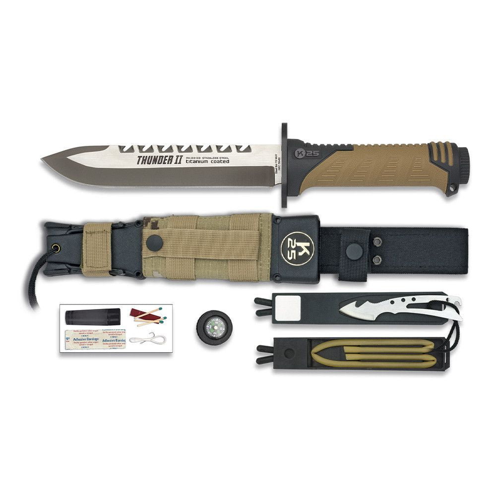 Poignard tactique Thunder II Camo Sable avec lame fixe de 16.8 cm, kit de survie et étui rigide de K25