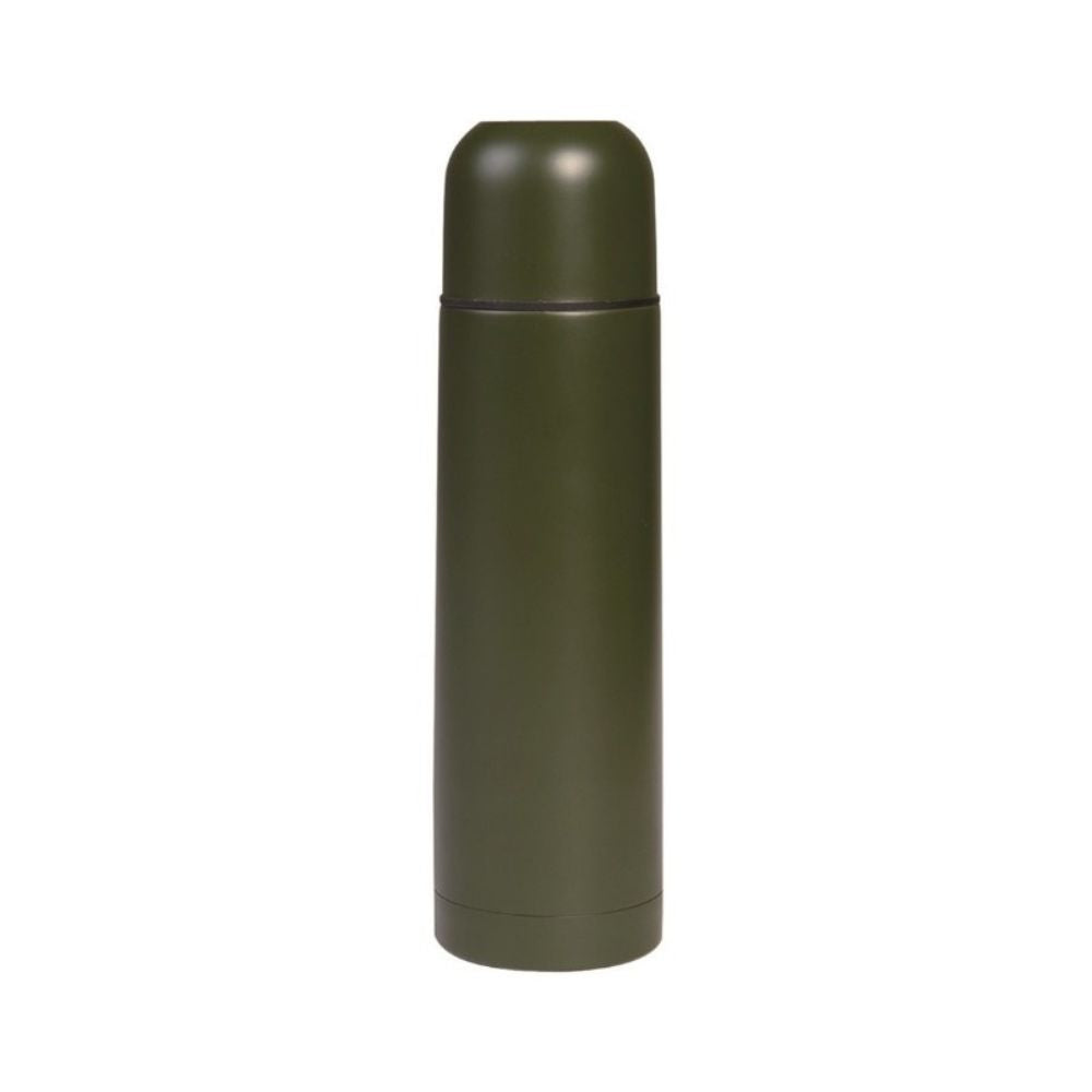 Thermos isotherme 1L vert olive de Mil-Tec, bouteille incassable en acier affiné avec gobelet comme bouchon, utilisable pour boissons chaudes et fraîches.