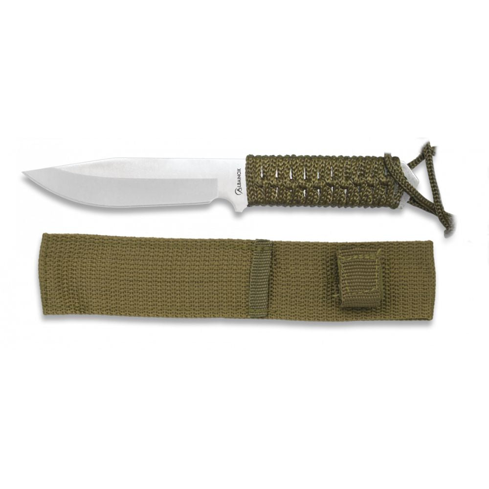 Alt: Couteau tactique Albainox avec lame en acier inoxydable de 10.5 cm et manche en paracorde verte, poids 87.8g, étui en nylon inclus.