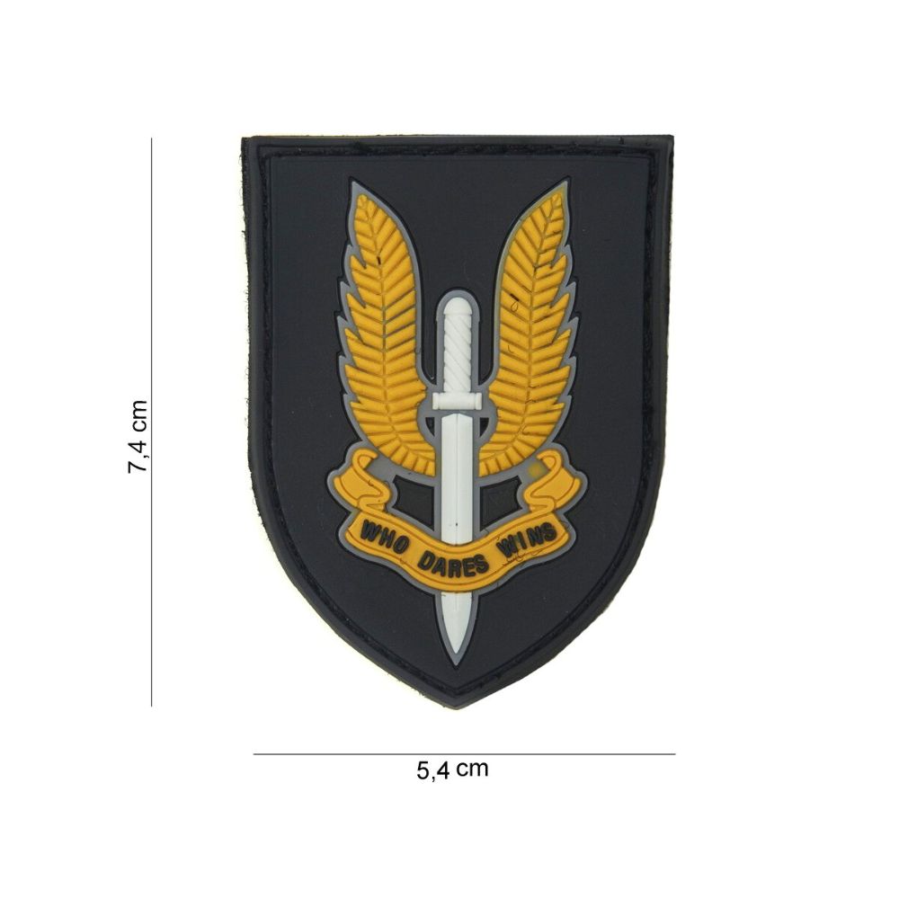 Patch noir en PVC avec l'inscription 'Who Dares Wins'