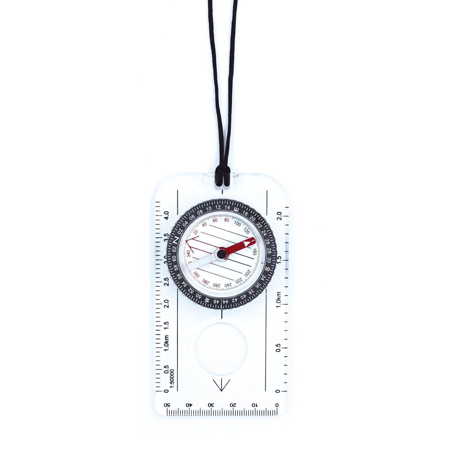 Boussole à bain d'huile avec graduation en millièmes et degrés, équipée d'une règle Kutch 50 mm avec deux échelles, loupe et cordon noir, de couleur transparente par