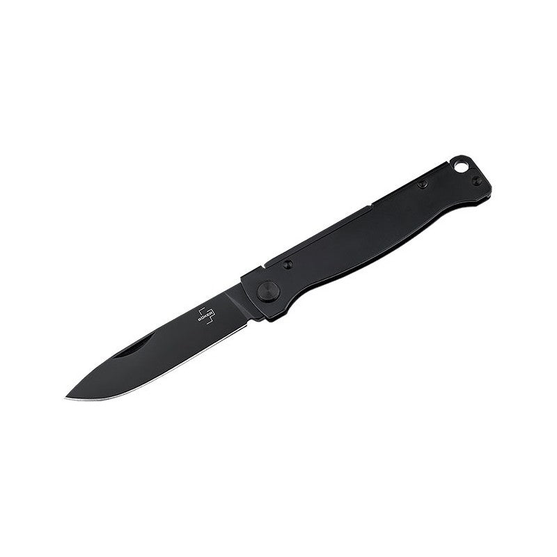 Couteau pliant Atlas All Black de Boker Plus avec lame drop point en acier 12C27 et manche en acier inoxydable noir