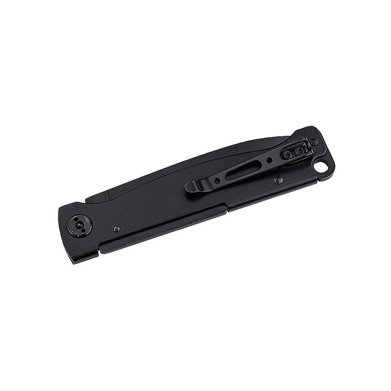 Un couteau de poche pliant Atlas All Black Böker Plus avec une lame en acier 12C27, un manche en acier inoxydable noir et un clip de transport