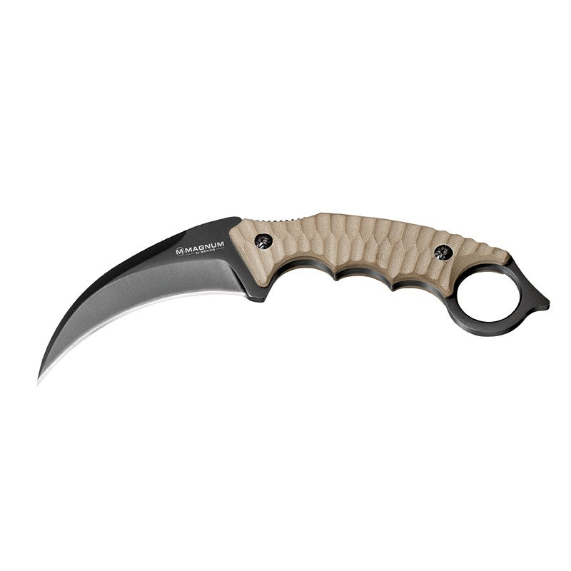 Couteau Karambit Boker Magnum Spike avec lame en acier inoxydable 440, manche en G10 de couleur sable, anneau pour l'index et étui en Kydex