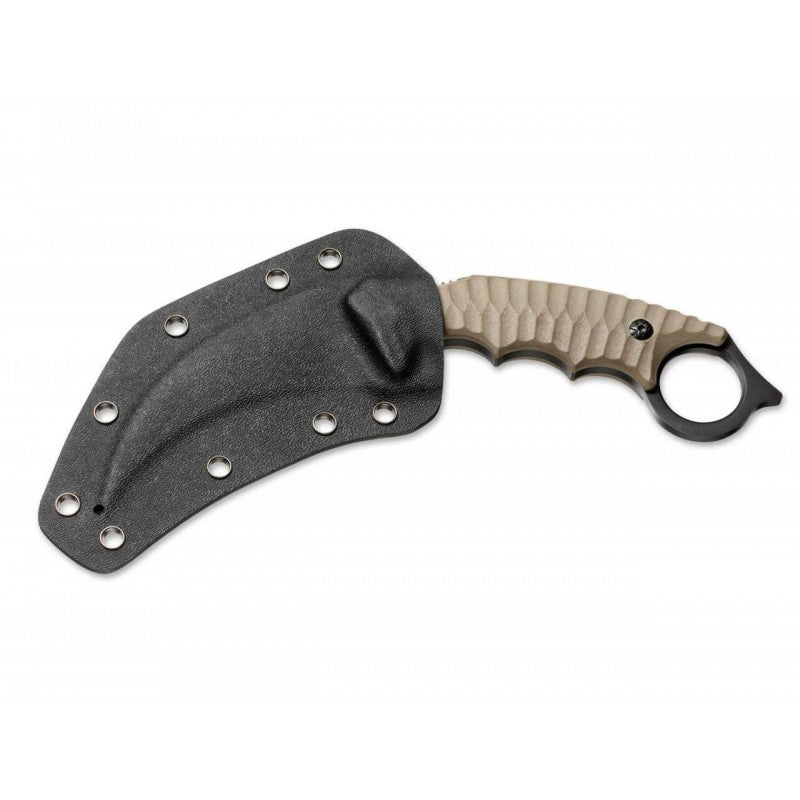 Karambit Boker Magnum Spike avec lame en acier inoxydable, manche G10 couleur sable, et étui en Kydex, idéal pour les sports de combat et activités extérieures