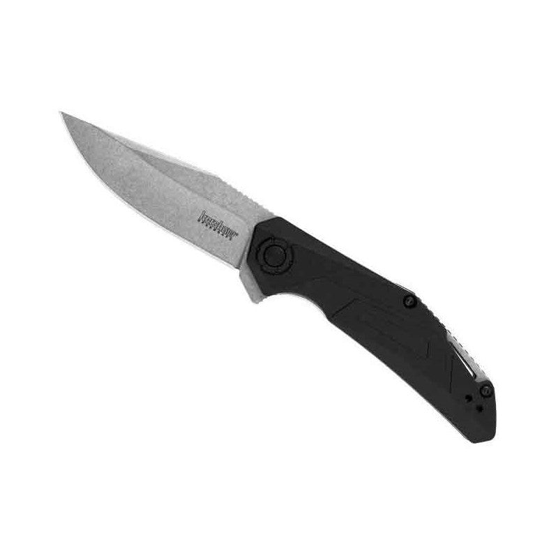 Image de couteau pliant Kershaw Camshaft avec lame en acier 4Cr14, finition stonewashed, ouverture assistée SpeedSafe et manche en nylon et fibre de verre noir.