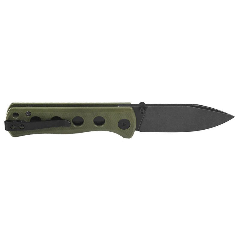 Couteau pliant QSP Canary Olive Green avec manche en G10 vert Olive et lame noire en acier 14C28N, clip réversible noir, système d'ouverture fluide et verrouillage liner lock