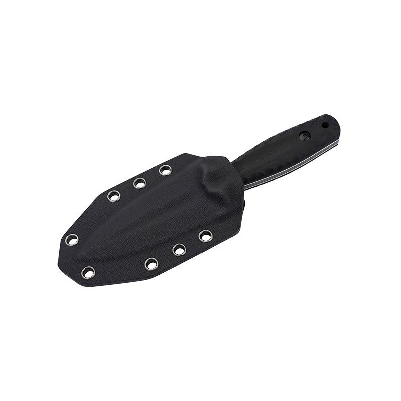 Image d'un couteau tactique Böker Plus W1, à lame double tranchant en acier VG-10 avec finition stonewashed, manche en G10 noir et étui Kydex