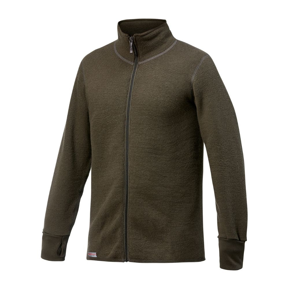 Veste Full Zip 600 de Woolpower en vert olive, doublée en laine mérinos, polyamide et élasthanne pour une isolation optimale dans des conditions froides.