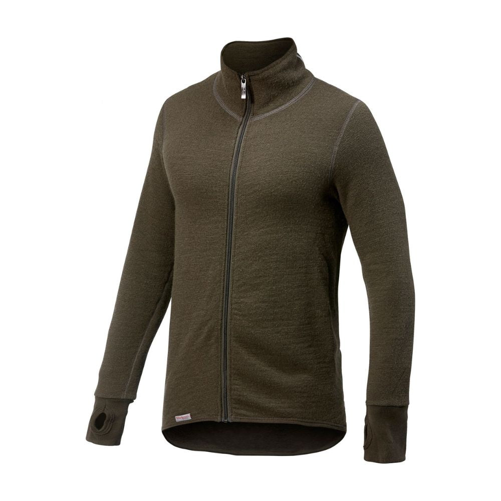 Gilet Full Zip Jacket 400 Ulle Frotté Vert Olive de Woolpower avec col haut double épaisseur et logo tricoté, 70% laine mérinos, 28% polyamide, 2% é
