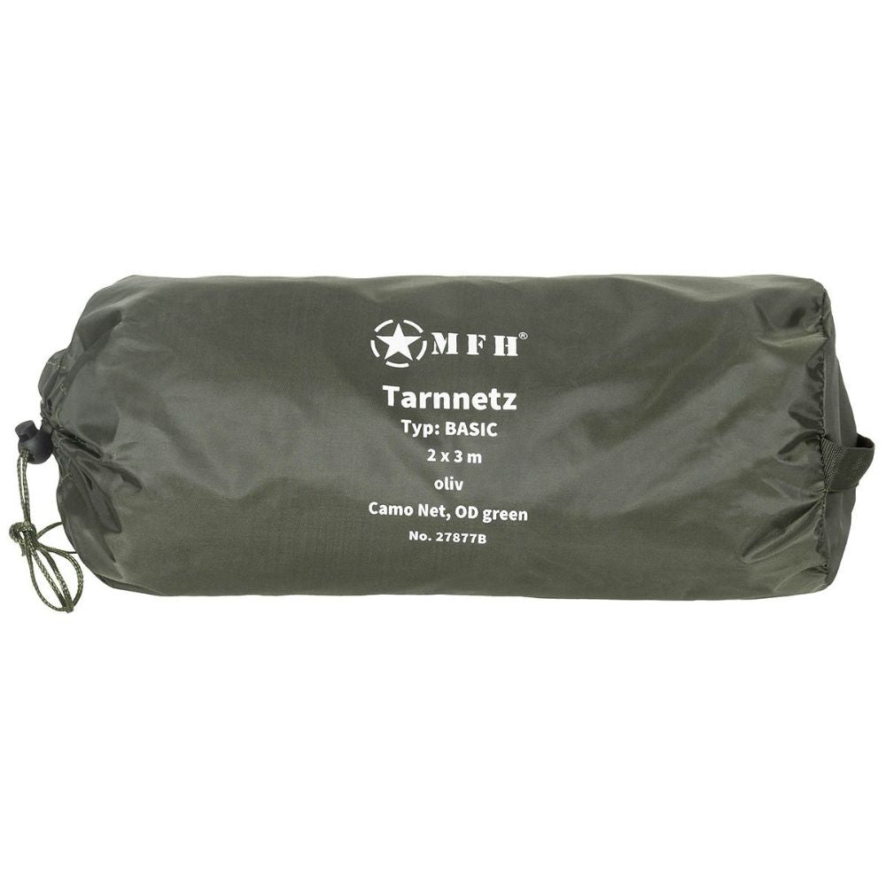 Filet de camouflage vert olive 2x3M avec sac de transport et boucles de fixation, en polyester et polypropylène, par MFH