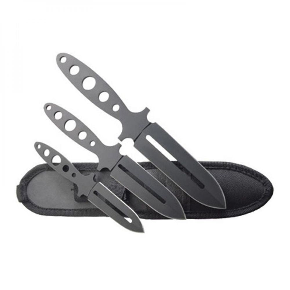 Jeu de trois couteaux de lancer Herbertz en acier inoxydable noir avec étui en nylon