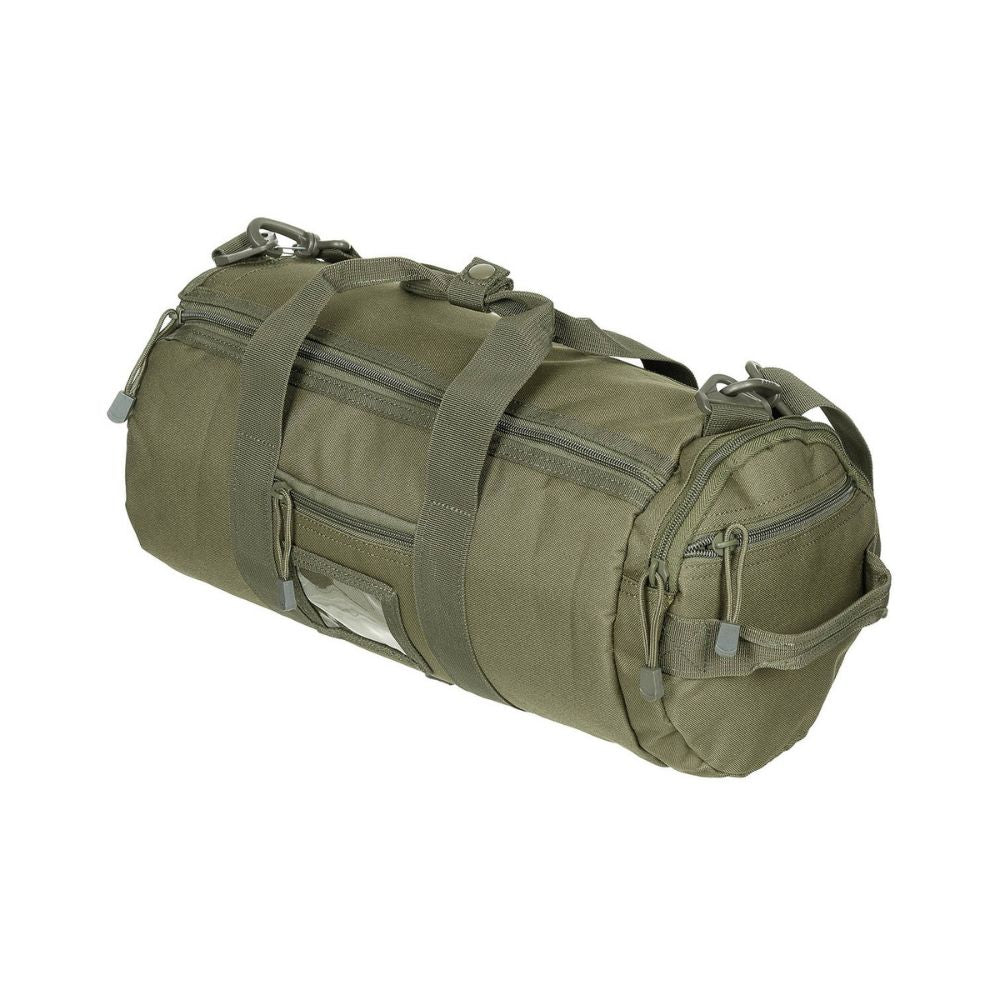 Sac de transport rond Operation Vert Olive MFH avec poignées rembourrées, compartiments multiples et points de fixation Molle, fabriqué en 100% polyester