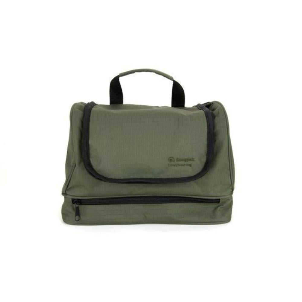 Grande trousse de toilette vert olive Luxury Wash Bag de Snugpak avec compartiments de rangement, cordon de suspension et crochet de fixation.