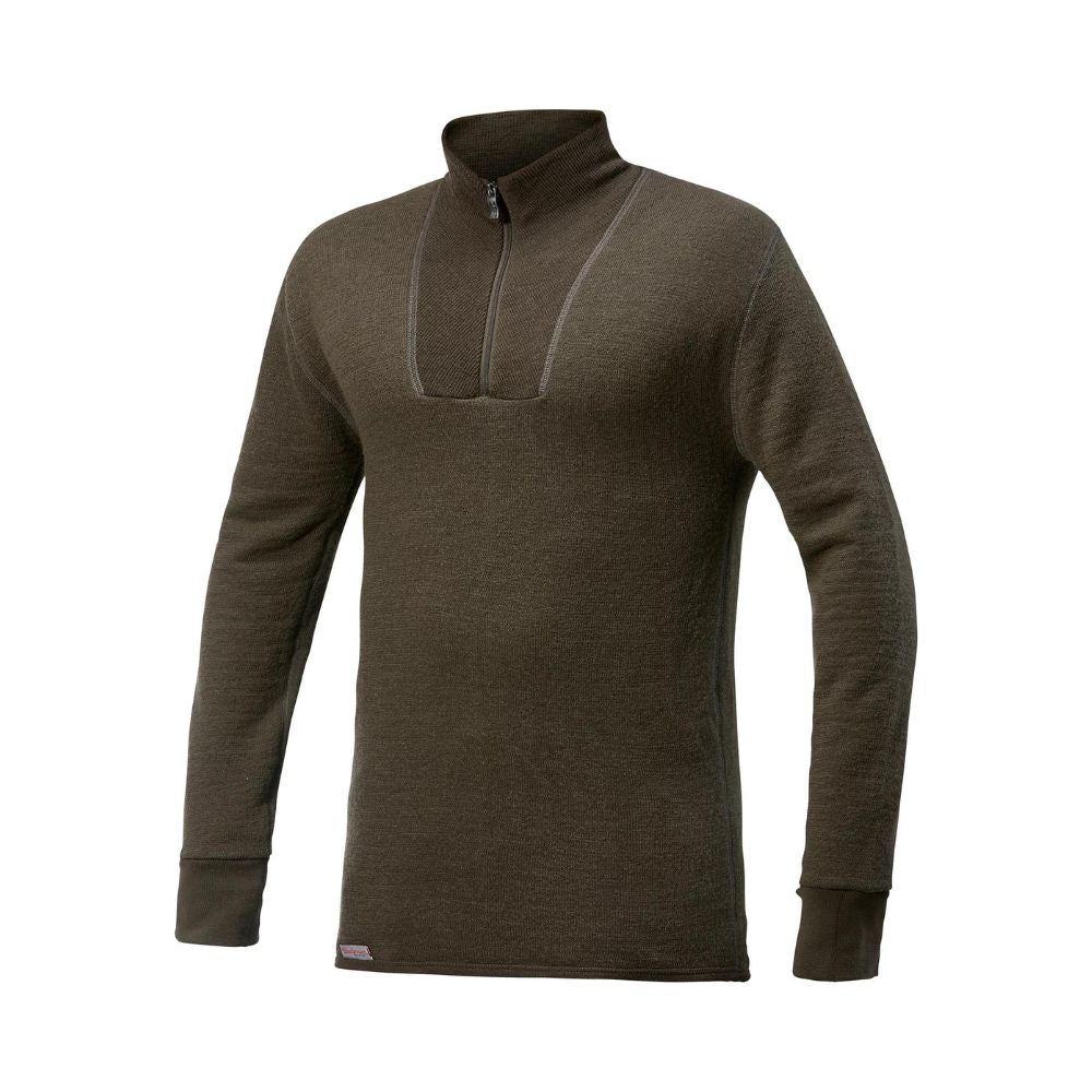 Olive green Woolpower Turtleneck 400 zip-up long-sleeved shirt made of merino wool and polyamide