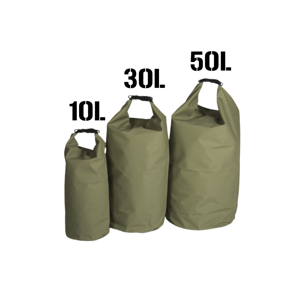 Sac étanche de 30 litres vert olive Mil-Tec en chlorure de polyvinyle et polyester, avec fermeture en nylon et D-anneau pour fixation facile, résistant à l'abrasion et antidérapant.