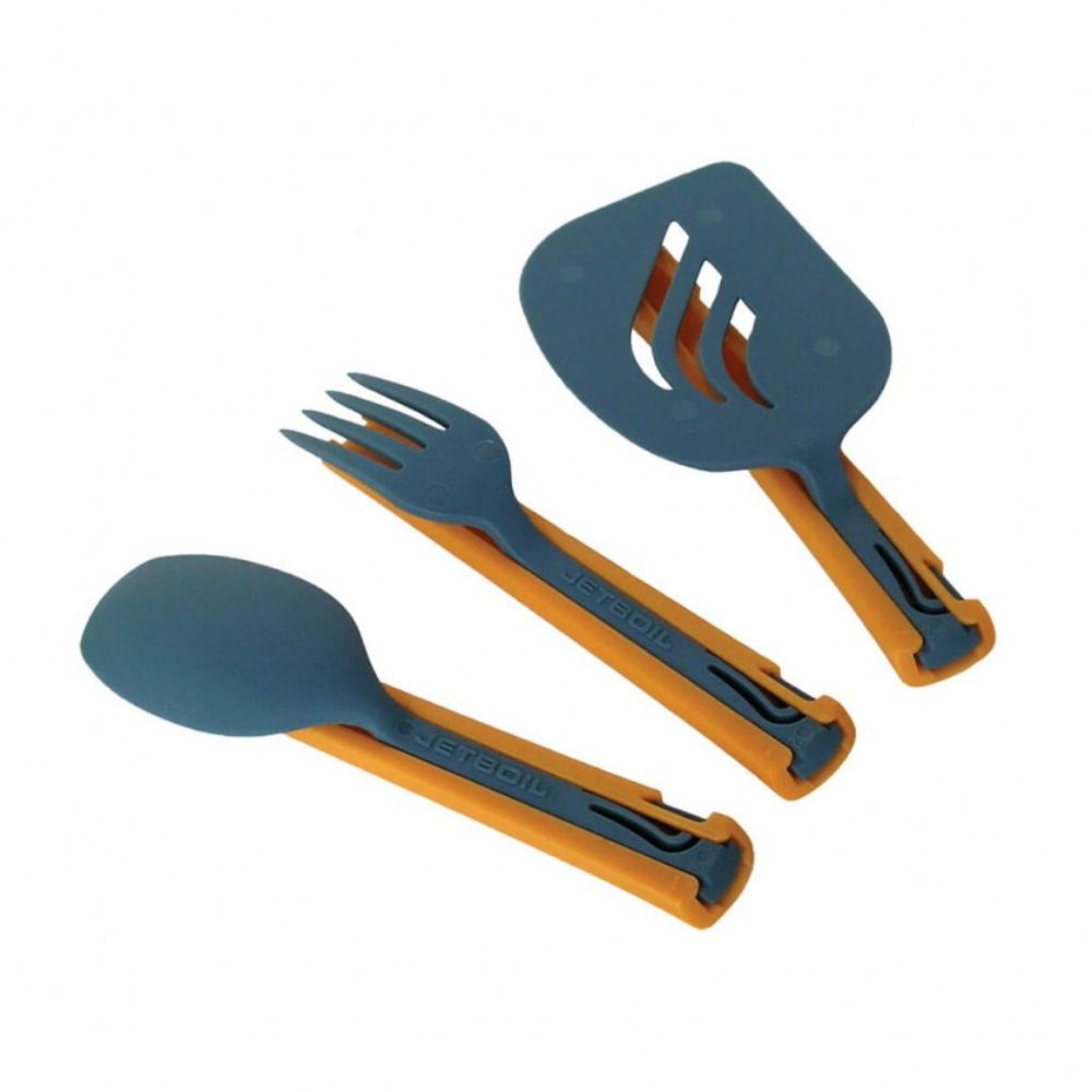Kit d'ustensiles de voyage JetSet de JetBoil comprenant une cuillère, une fourchette et une spatule légères et résistantes, conçues pour racler tous les bords et