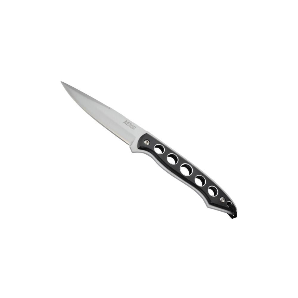 Alt : Couteau à lame fixe Mtech MT-018BK de 22,2cm avec lame en acier inoxydable et manche en G10 noir, incluant lanière et étui rigide
