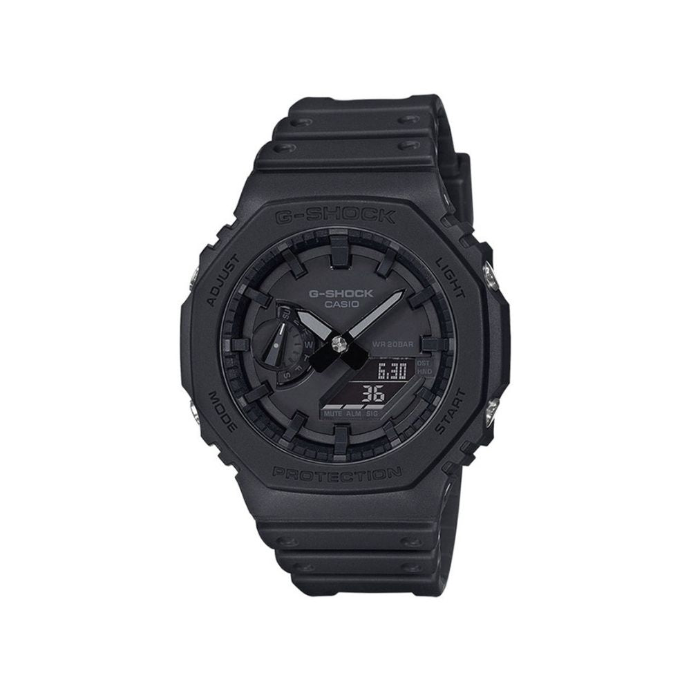 Montre G-Shock GA-2100 noire de Casio avec cadran en verre minéral et bracelet en résine, fonctionnalités multiples et résistance à l'eau jusqu'à 20 bars