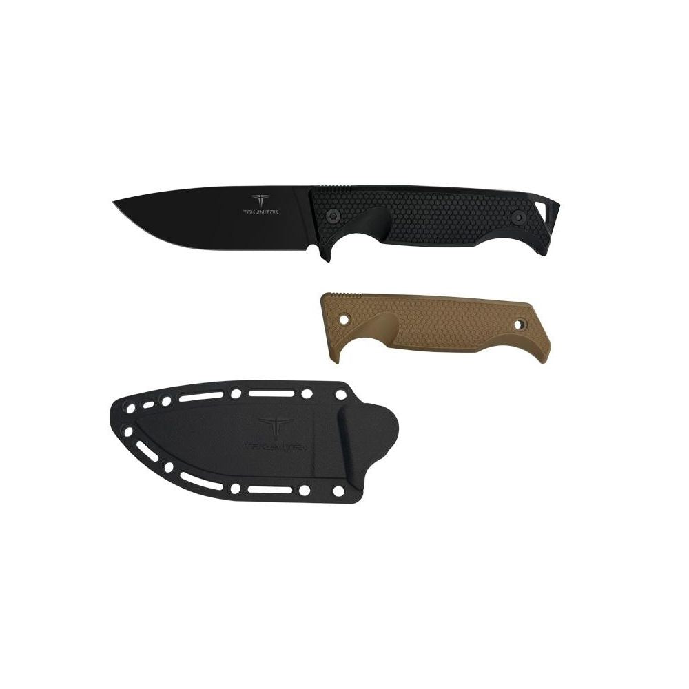 Poignard Takumitak Easy Night polyvalent avec lame drop point en acier 3Cr13 et manche en FRN, livré avec étui noir et poignées interchangeables en noir et marron