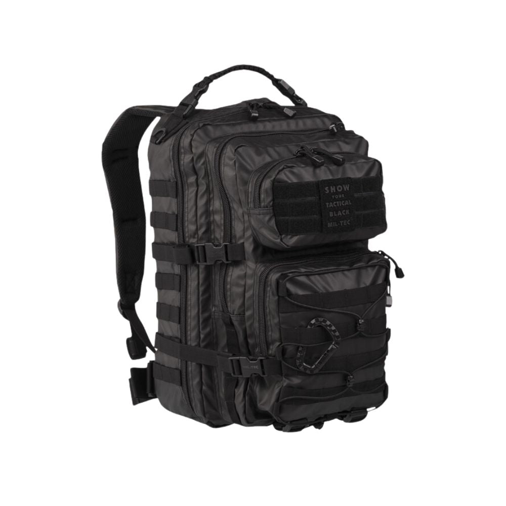 Grand sac à dos tactique noir US Assault 36L de Mil-Tec avec rembourrage du dos et des bretelles, sangle de taille réglable, compartiments à fermeture éclair et système de fixation Mol