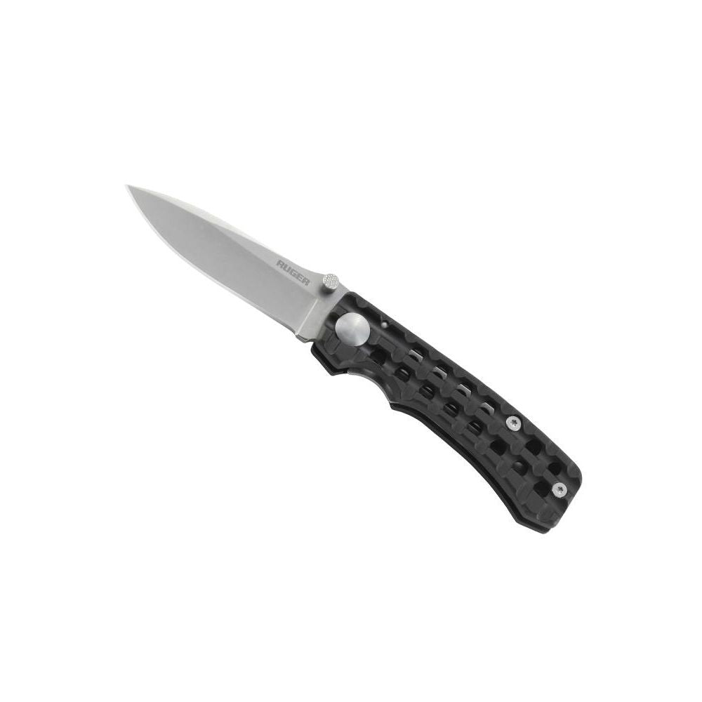 CRKT-RUGER GO-N-HEAVY COMPACT knife with stonewashed steel blade, black anodized aluminum handle, and nylon sheath