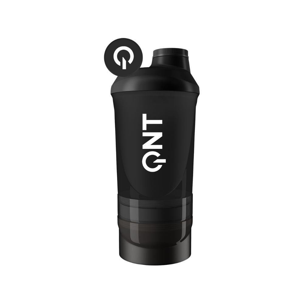 Shaker noir QNT de 600ml+350ml avec tamis intégré pour préparation facile de milkshakes protéinés