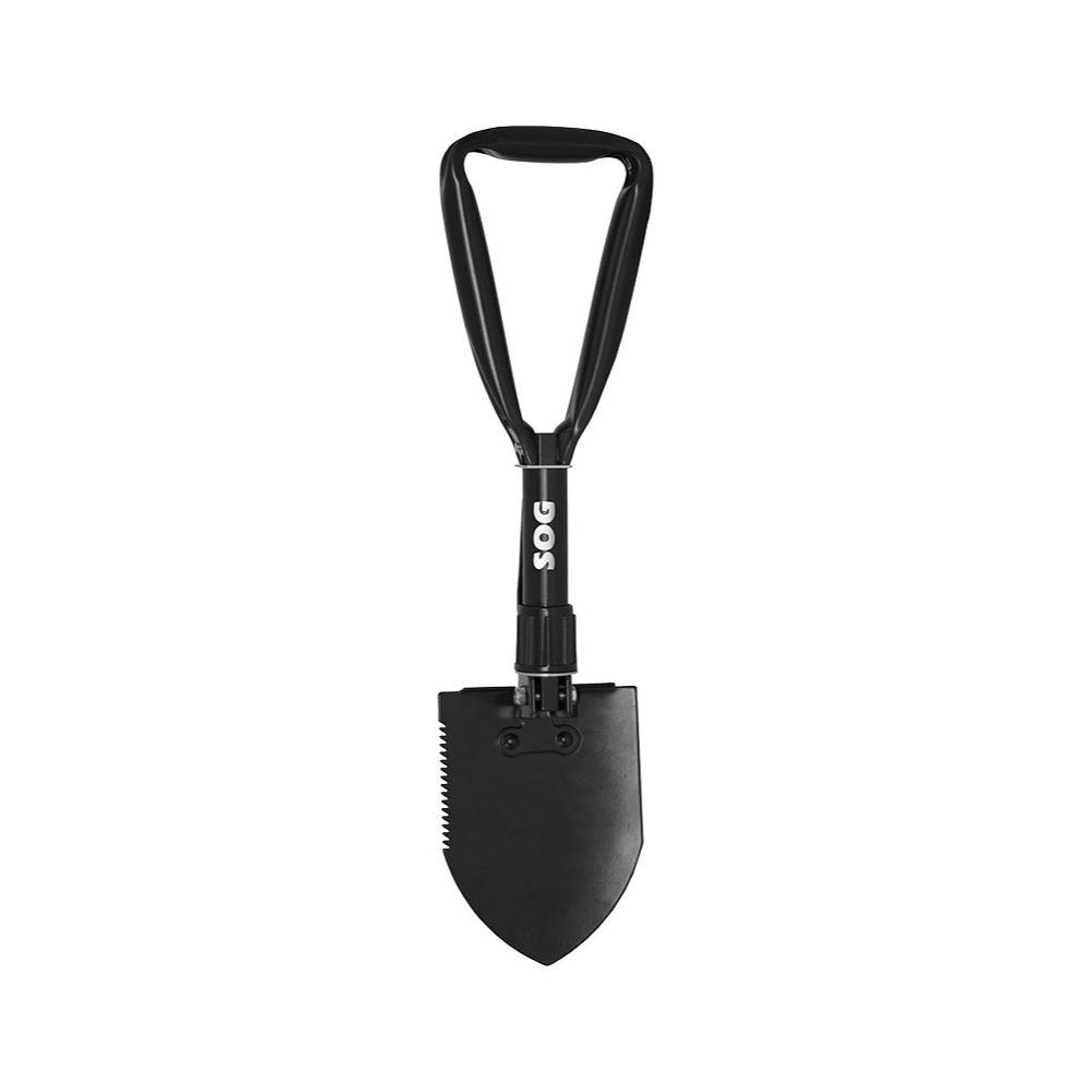 Pelle pliable noire SOG en acier au carbone de 46,3 cm ouverte, 18,4 cm repliée, avec partie serrated et étui en nylon pour port à la ceinture
