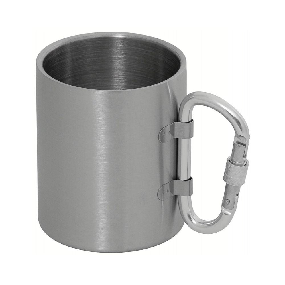 Une tasse mousqueton en acier inoxydable de 300ml de la marque Fox Outdoor avec une poignée repliable, dimensions 7,5 x 9 cm, poids 125g