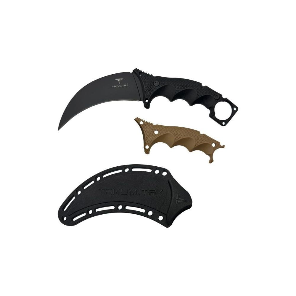 Poignard Midnight de Takumitak avec lame hawkbill de 12 cm en acier 3Cr13, manche en FRN et plaquettes interchangeables en noir et marron