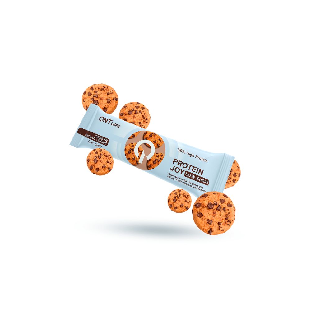 Barre protéinée PROTEIN JOY au goût de cookie chocolat de QNT, faible en sucre et riche en protéines